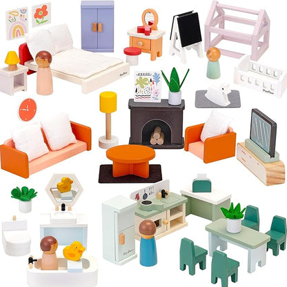 PairPear Wooden Dollhouse Furniture Set,56 Pieces Doll Furnitures with 5 Room Kits Play Fingers,Doll House Miniature Furniture Pretend Play Toys Gift for Toddler Boys and Girls 3Y+