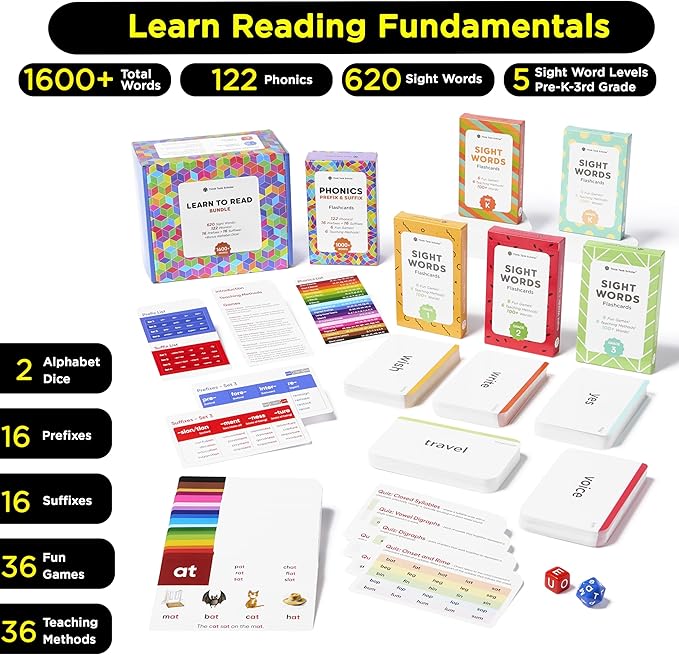 Think Tank Scholar 1600+ Words Ultimate Learn to Read Bundle (Award Winning) 620 Sight Words, 122 Phonics Rules w/Prefixes, Suffixes, 36 Games, 36 Tips, 2 Alphabet Dice, Pre-K, K, 1st, 2nd, 3rd