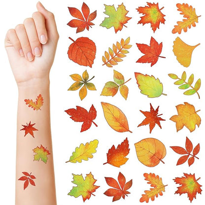 Landhoow 240 Pcs Fall Glitter Temporary Tattoos Fall Leaves Glitter Tattoos Maple Elm Leaves Seasonal Face Temporary Sticker for Autumn Themed Party Body Face Supply