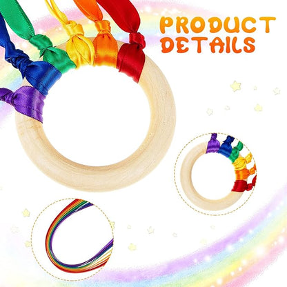Junkin Ribbon Rings Hand Kite Waldorf Toys Dancing Wrist Ribbons Rainbow Streamers with Wood Ring Educational Toy for Playroom Dancing Birthday Party Gift(Bright Color,24 Pcs)