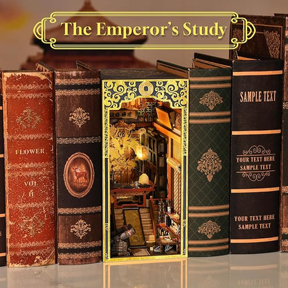 DIY Book Nook Kit for Adults, 3D Wooden Puzzle Bookend Bookshelf Insert Decor with LED Light and Dust Cover (The Emperor's Study)