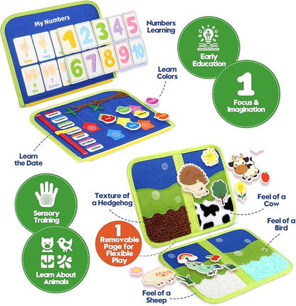 Toddler Sensory Busy Board: Travel Toy Activity Book for Girls Boys, Motor Skill Development Gift for Baby Aged 3-4 Years, Fine Educational Preschool Montessori Learning Toy for Car Airplane Dinosaur