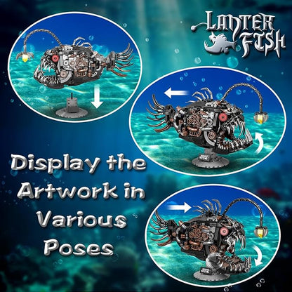 Mechanical Lantern Fish Building Sets for Adults, Compatible with Lego, Creative Ocean Animal Toy for Home Office Decor, STEM Gift for Boys 8-14