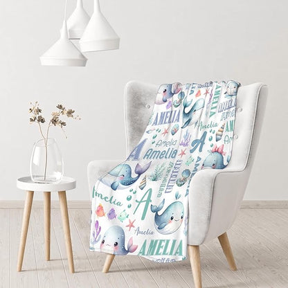 Personalized Baby Blanket for Girls Boys Kids Whales Custom Baby Blanket with Name Throw Birthday Gift for Toddlers Infants Shower Newborns Nursery Stroller Crib Bed Decor