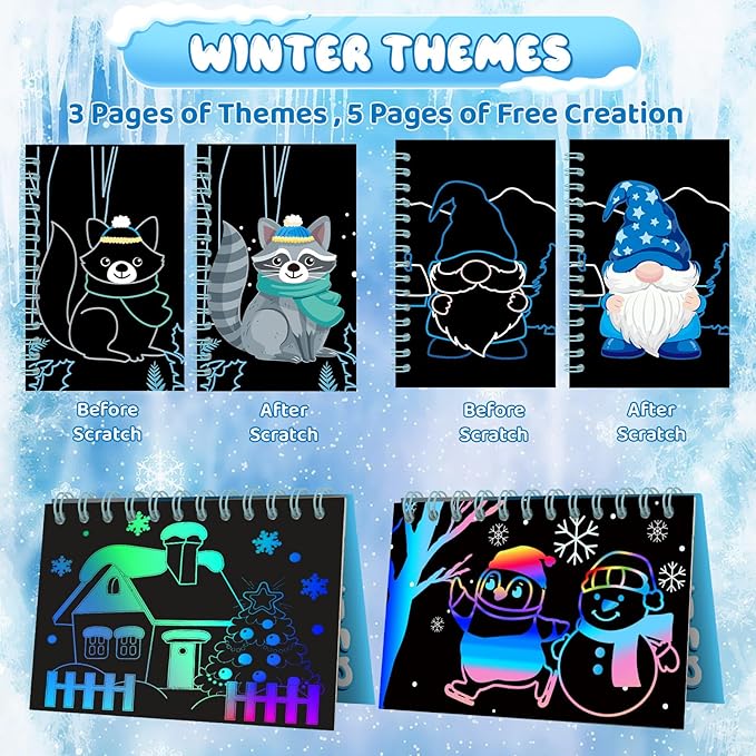 12 Pack Winter Scratch Art Party Favors for Kids - Rainbow Scratch Paper Snowflake Penguin Scratch Off Cards Frozen Birthday Goodie Bags Stuffers - Return Christmas Gifts DIY Classroom Prizes