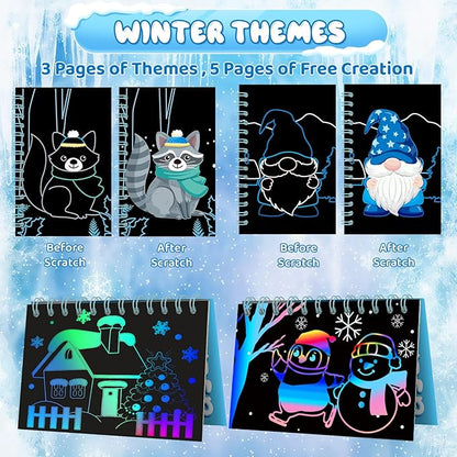 12 Pack Winter Scratch Art Party Favors for Kids - Rainbow Scratch Paper Snowflake Penguin Scratch Off Cards Frozen Birthday Goodie Bags Stuffers - Return Christmas Gifts DIY Classroom Prizes