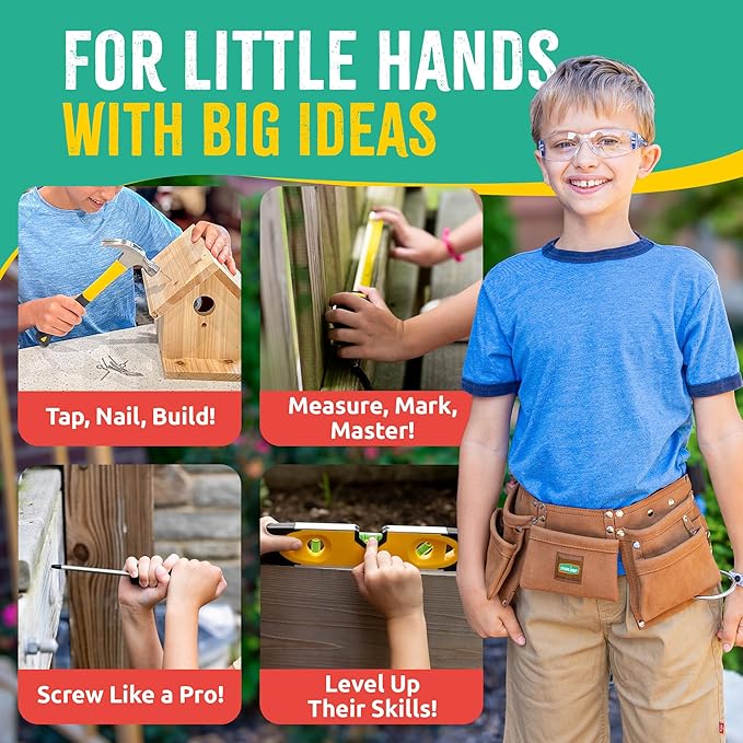 SparkJump Deluxe Kids Tool Set, Real Tools with Leather Tool Belt & Tool Box, Beginner Tool Kit for Boys & Girls Ages 4-6 & Up, Brown Ultimate Tool Set