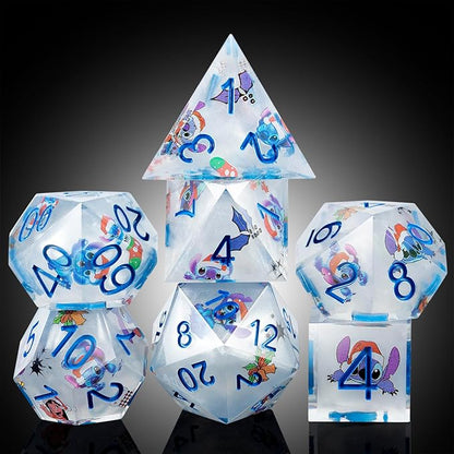 DNDND Carton Dice 7 Piece Sharp Edge Dice Set D&D with Carton Stickers for Dungeons and Dragons D&D Table Games (Silver with Carton)