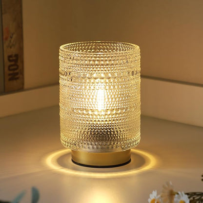 Small Decorative Aesthetic Lamp with Timer for Shelf/Bedside/Coffee Table Decor,Battery Operated Cordless Table Lamps with LED Warm Bulb for Dorm/Office/ Patio/Entryway/Mantle/Table Decor(Clear)