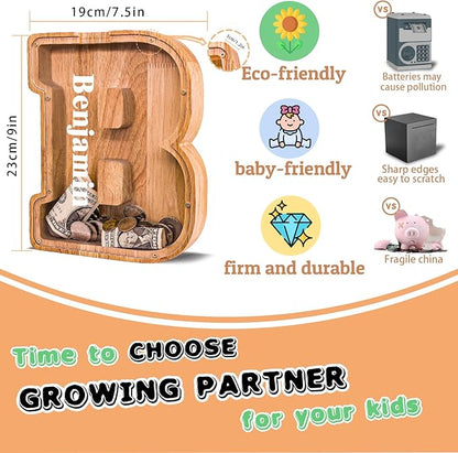 Wooden Letter Piggy Bank for Kids Larger Alphabet Letter Bank for Boys Initial Coin Bank Personalized Piggy Bank Wood Money Save Box for Birthday and Festival-Upgrade 9"" B Piggy Bank