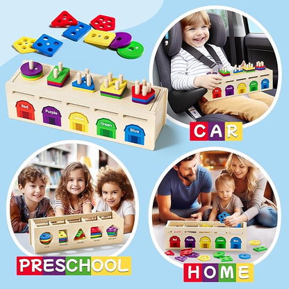 Montessori 4 in 1 Wooden Sorting Shape Sorter and Stacking Toy Box Color Matching Counting Fishing Game Preschool Educational Toys for Toddler 1 2 3 Years Baby Boys and Girls Gifts