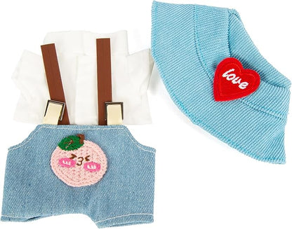17cm Doll Outfits for Labubu - Kawaii Chic Style Set for 17cm Dolls, Cute Doll Clothes with Accessories - White Shirt + Pink Peach Blue Romper + Heart Shaped Blue Hat (Clothes Only)