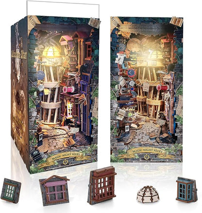 DIY Book Nook Kit,Miniature Dollhouse for Adults Teens,Booknook Bookshelf Insert Decor,Dust Proof 3D Wooden Puzzles,Tiny House Easter Halloween Home Decor,Birthday Gifts(Magic Night Alley)