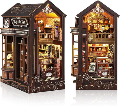 DIY Book Nook Kit, Miniature Dollhouse Bookshelf Insert with Light, Laser-Cut Wooden Craft Set for Adults, Perfect for Teens and Adults, Coffee Shop