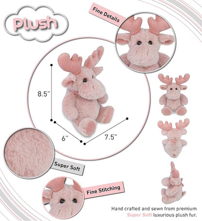 DolliBu Baby Pink Moose Stuffed Animal - Super Soft Stuffed Animals for Girls and Boys, Adorable Stuffed Wild Creatures for Kids and Cute Wild Animals Cuddle Stuffed Animals for Adults - 8.5 Inches