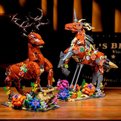2 in 1 sika Deer&Unicorn Animals Building Decorations Set,Animal Blocks Flowering shrubsToys Suitable for Boys and Girls Age 6+ Year Old Desktop Decoration
