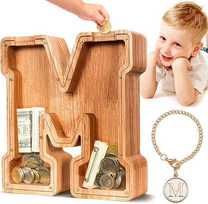 SummiDate Wooden Letter Piggy Bank| Piggy Bank for Boys Girls Toddler| Alphabet M Money Bank| Coin Bank Birthday Gift for Kids|Birthday Gift for Kids (M)