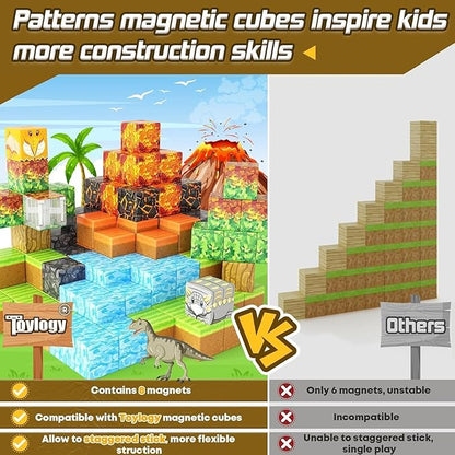 150PCS Dinosaur Toys Magnetic Blocks-Build Mine Magnet World Volcano Edition, Magnetic Kids Sensory Toys for 3+ Year Old Boys and Girls Building Blocks Toddler Games Through Jurassic Learning Gifts