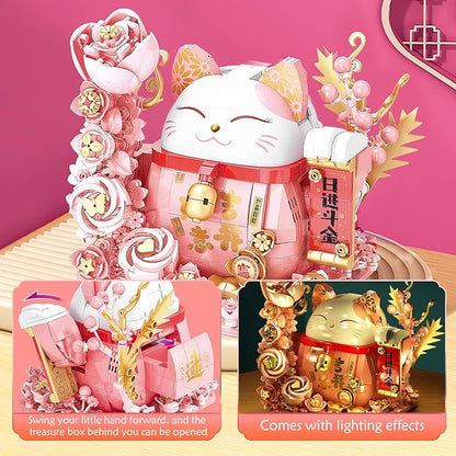 Lucky Cat Building Block Set, Compatible with Lego Cat, 868Pcs Cute Fortune Cat with Flowers Building Blocks, Christmas Birthday Creative Gift for Girls Boys Adult (Pink Cat)