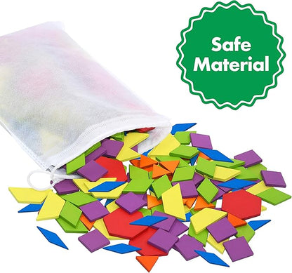 300 PCS Wooden Pattern Blocks Set for Kids with 24 Double-Sided Design Cards(48 Patterns) and Storage Bag in Gift Box,Fun Montessori Learning Toys