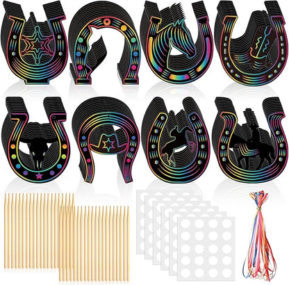Western Cowboy Scratch Cards 80 Pcs Horseshoe Rainbow Scratch Art Paper with Wooden Stylus for Boys and Girls DIY Colorful Horse Craft Kits Home School Western Theme Birthday Festive Party Favors