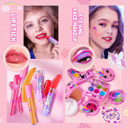 Kids Makeup Kit for Girl - Girls Makeup Kit Toys with Flying Horse Storage Case, Kids Play Makeup Set for Christmas Birthday Gift 3-12 Years Old