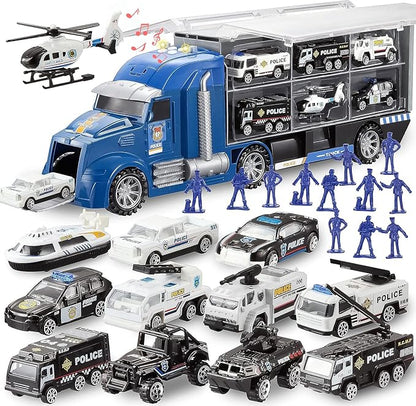 JOYIN 25 in 1 Police Rescue Truck Car Toy Set with Sounds and Lights, Mini Vehicles in Carrier Truck, Play Police Patrol Rescue Vehicle Toy, Christmas Birthday Gifts for Over 3 Years Old Boys