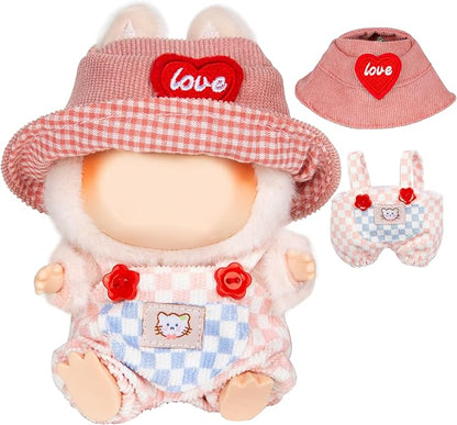 17cm Doll Clothes for Labubu - Kawaii Chic Style Set for 17cm Dolls, Cute Doll Outfit with Accessories - Pink and White Check Romper + Heart Shaped Pink Hat (Clothes Only)