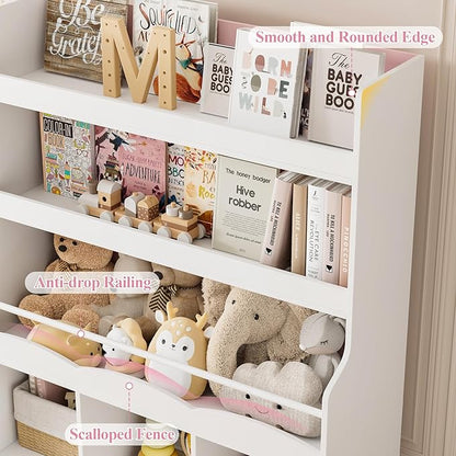 HITHOS 55.3"H Kids Bookshelf with Toy Storage Organizer, Tall Book Shelf with 3 Mobile Toy Storage Bins, Large Kids Bookcase with Toy Chest, 39.2"W Modern Toy Box for Kid Room, Playroom, Pink, White