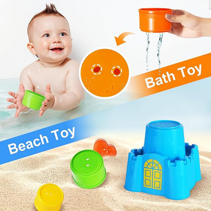 iPlay, iLearn Baby Stacking Toys, Toddler Nesting Stack Cups, Infant Stackable Block, Kids Sorting Game W/Shape Sorter for Sand Bath, Birthday Gift for 12 18 24 Month 1 2 3 Year Old Boys Girls
