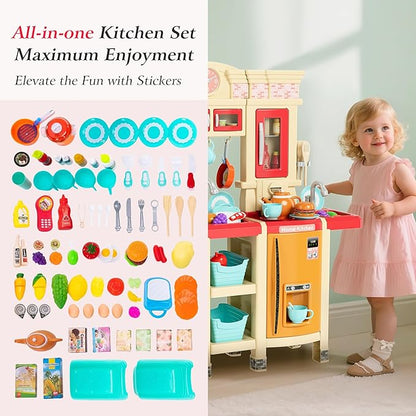 【2025 Upgraded】 Kitchen for Kids Interactive Play Kitchen for Kids Toddlers-Lightweight Easy-Install Pretend Kitchen with Tablet Ordering, Music, Lights Sounds, Steam Stove, Sink & Dishwasher(Pink)
