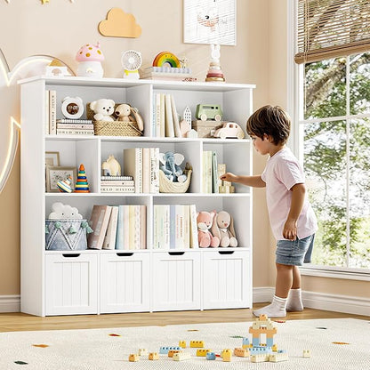 FINETONES Toy Storage Organizer, Kids Bookshelf with 4 Movable Chests and 7 Storage Cubes, Toy Chest Storage with Hidden Wheels, Toy Organizers and Toy Storage, White