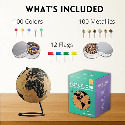 Mini Cork Globe 7.5" Tall | World Travel Map with Metallic & Colored Push Pins | 3D World Map Pin Board for Home or Office | Unique Gift for Travelers, Couples & Families Push Pins Map