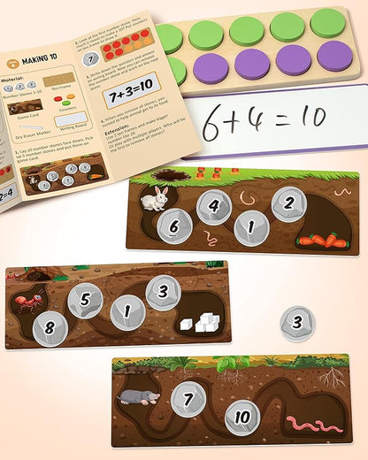 SYNARRY Wooden Ten-Frame Set Math Manipulatives for Kindergarten Elementary 1st 2nd Grade Homeschooling, Addition and Subtraction Montessori Math Games for Chirldren, Counters Toys for Kids Ages 3-8