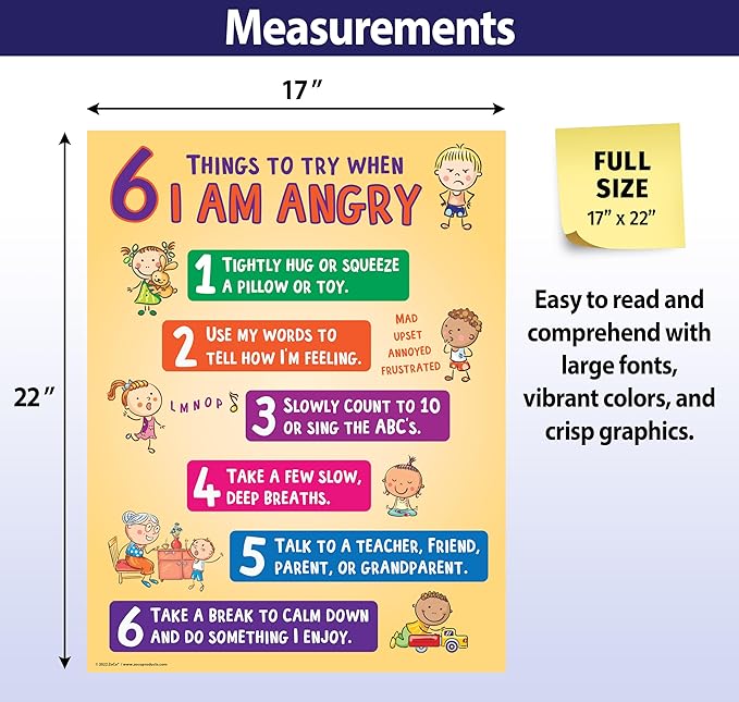ZOCO – 6 Anger Control Strategies Posters (20-Pack) – Calm Down and Manage Emotions for Toddlers – Classroom Behavior Management for Preschool, Daycare, and Homeschool – Made in USA