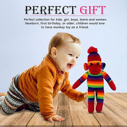 Adorable Sock Monkey, The Original Traditional Hand Knitted Stuffed Animal Toy Gift-for Kids, Babies, Teens, Girls and Boys Baby Doll Present Puppet (16" Rainbow)