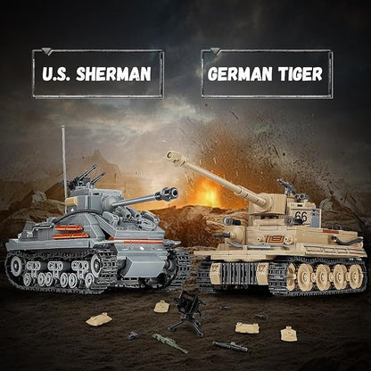 2-in-1 Army Tank Toy Building Set, Includes German Tiger and American Sherman Models, Compatible with Lego Army Sets, Military Building Blocks Set for Kids 8-14 (1184 Pieces)
