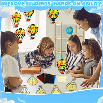 QOUBAI 32 Sets Air Balloons Suncatchers Craft Kit DIY Window Stained Glass Effect Hot Air Balloons VBS Paper Craft Home School Classroom Decoration Kid Birthday Gift Creative Art Project Activity Game