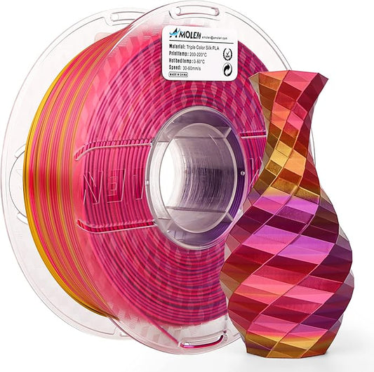 AMOLEN Silk PLA 3D Printer Filament, Triple Colors Coextrusion Purple Red Gold PLA 1.75mm, Shiny Color Change Filament 3D Printing PLA Filament for Most FDM 3D Printer, 1kg Spool(2.2lbs)