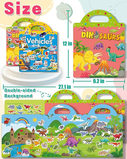 2 Pack Vehicle Dinosaur Reusable Sticker Book for Toddlers 2-4 Years, Toddler Sticker Book for Kids, Toddler Activities Crafts Preschool Learning Travel Birthday Gifts for Boys Girls