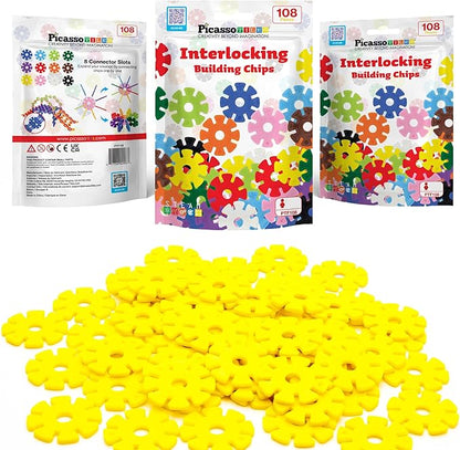 PicassoTiles Building Chip Interlocking Disc Construction Blocks in Yellow Color STEM Learning Early Education Toy Engineering Playset Child Brain Development for Toddlers Girls Boys Kid Age 3+ PTF108