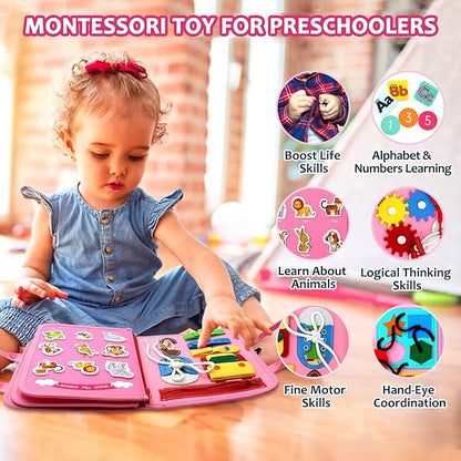Qizfun Busy Board Montessori Toy for Toddlers, Educational Sensory Learning Toy for Fine Motor Skills, Preschool Travel Toy for Airplane & Car, Gifts for Boys and Girls (Pink/P4)