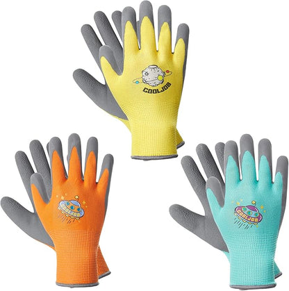 COOLJOB 3 Pairs Kids Gardening Gloves for Age 6-8, Children Grippy Rubber Coated Garden Work Gloves, Orange & Green & Yellow, Medium Size (3 Pairs M)