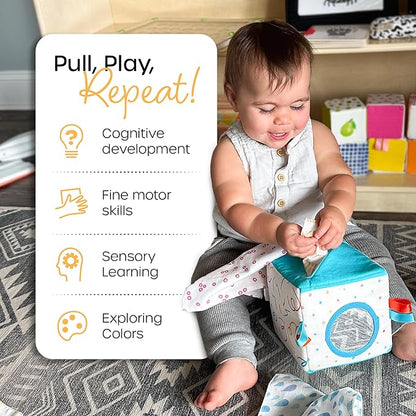 Quiggly Soft Fabric Tissue Box Toy for Babies- Montessori Sensory Development Toy for 6-12 Month Olds - 100% Cotton, Crinkle Tissues, Ribbon Details, Safety Mirror- Ideal for Infant Gross Motor Skills