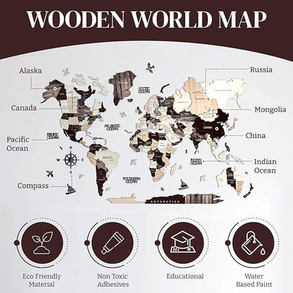 KPSKE 3D Wooden World Map for Wall - Wall Accent Map with Ocean Names, Boats, Compass and More - Wood Travel Map with 50 Pins (Mocha)