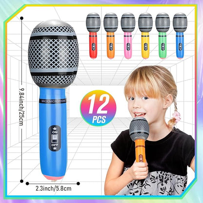 36 Pcs Colorful Inflatable Instruments Rock Star Toy Set Including 12 Pcs Plastic Microphones, 24 Inflatable Guitars and 2 Inflator for Musical Concert Themed Party Decoration