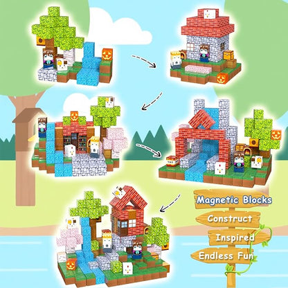 200PCS Magnetic Building Blocks for Kids, Magnet Cubes STEM Educational Magnet Stacking Toys for Age 3-5 4-8 8-12, Sensory Play Montessori Toys for Boys and Girls, Creative Construction Forest
