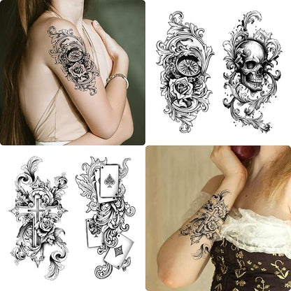Temporary Tattoos for Adults, 47 Sheets Baroque Religious Flower Skull Designs Fake Tattoos, 17 Half Arm tat and 30 Small temp Tattoos
