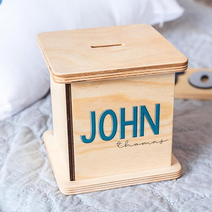 Wooden Piggy Bank for Kids and Adults, Personalized Gift Handmade in USA by BloomOwl, Custom Piggy Bank, Personalized Banks for Kids, Gifts for Baby Boys and Girls (Typography)