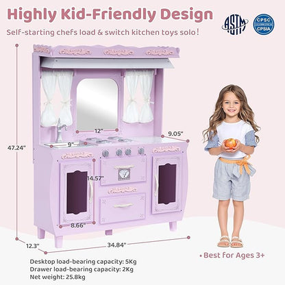 Kids Kitchen playset，Wooden Play Kitchen with Realistic Design，Kids Play Kitchen with Plenty of Play Features，Fine Gift for Ages 3+,Purple